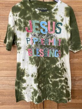 Love & Faith Olive Tie-Dye Graphic Tee - 'Jesus Sweaters Blessings' Womens Large